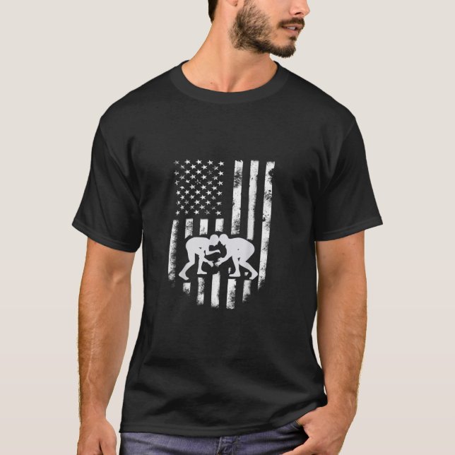 American Flag Wrestling TShirt Distressed Wrestle (Front)