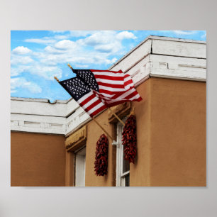 American Flags Flying on Albuquerque Adobe Poster
