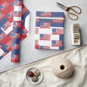 American Flags On Red White and Blue Wrapping Paper