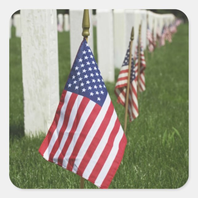American flags on tombs of American Veterans on 2 Square Sticker (Front)