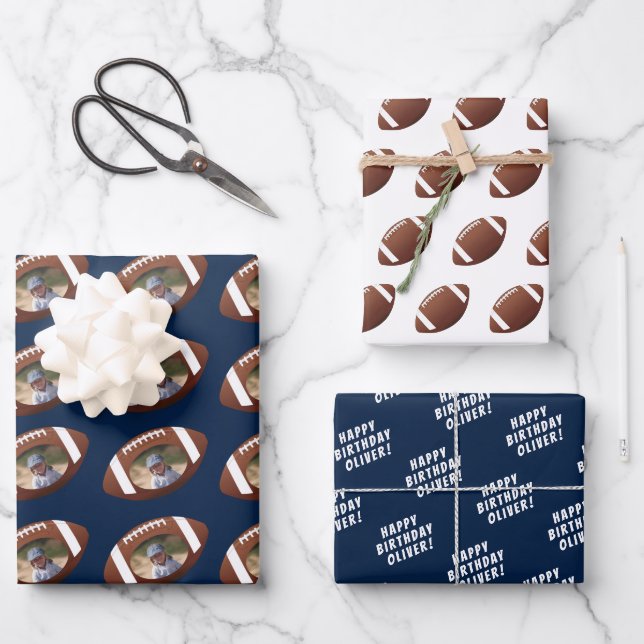 American Football Ball Happy Birthday Boy Photo  Wrapping Paper Sheet (Front)