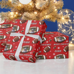 American Football Ball Merry Christmas Photo Wrapping Paper