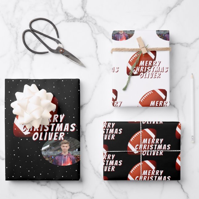 American Football Ball Merry Christmas Teen Photo Wrapping Paper Sheet (Front)