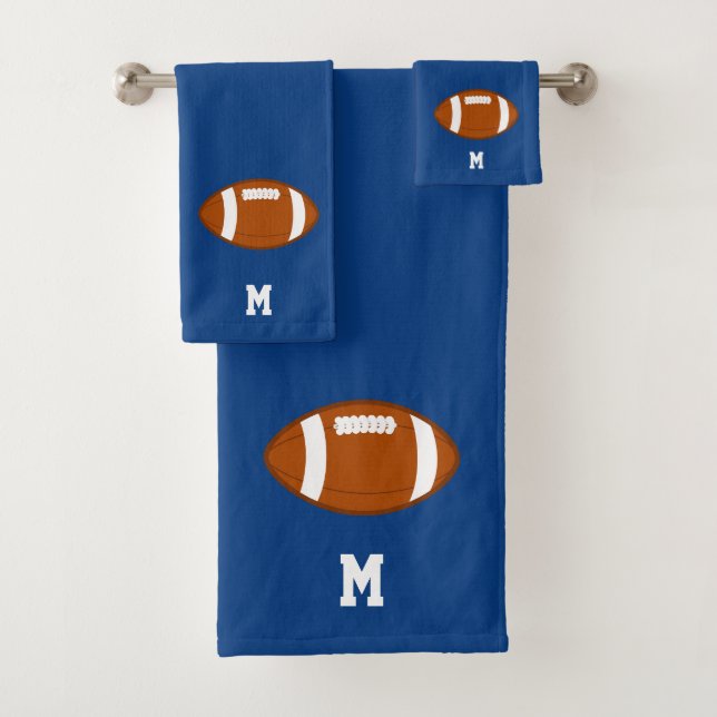 American Football Ball & Monogram on Royal Blue Bath Towel Set (Insitu)