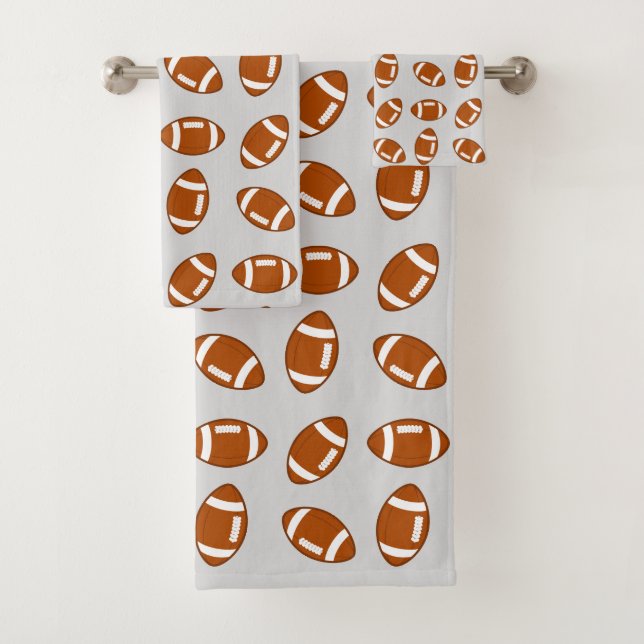 American Football Ball Pattern on Light Grey Bath Towel Set (Insitu)