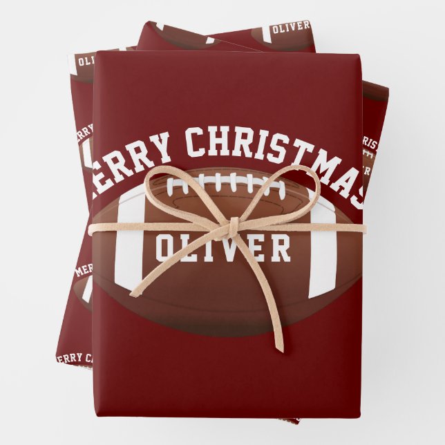 American Football Balls Name Red Christmas Wrapping Paper Sheet (In situ)