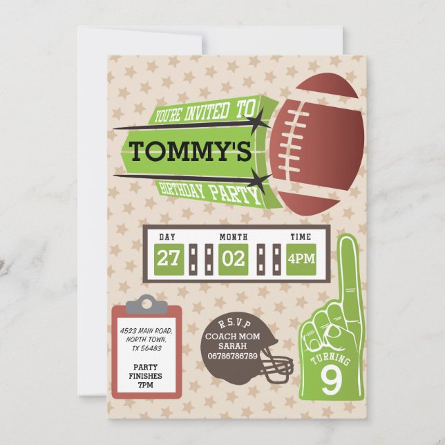 American Football Birthday Party Invite Sports (Front)