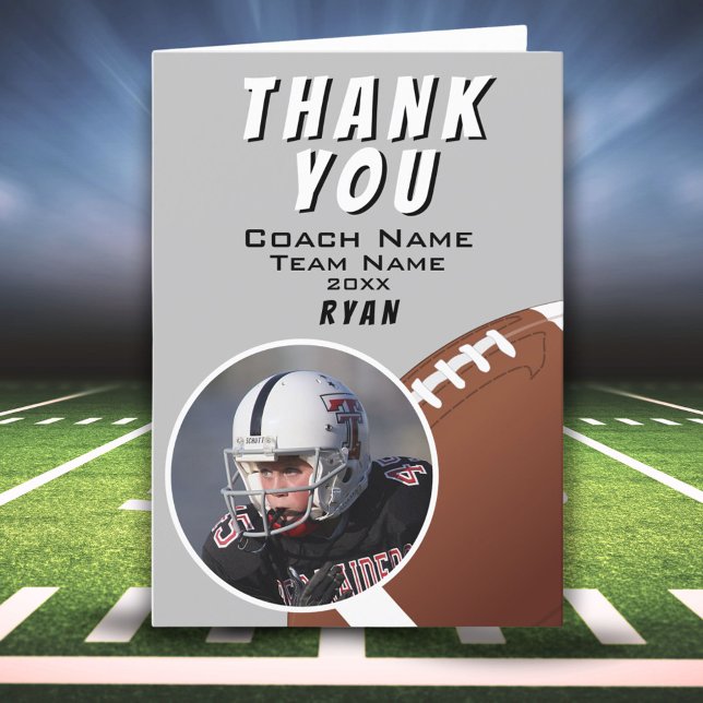 American Football Coach Football Ball Grey Photo Thank You Card (Creator Uploaded)