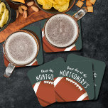 American Football Dark Green Square Paper Coaster<br><div class="desc">Customizable paper coasters feature an American football on dark green and the words "It's Game Day!" along with your last name. MORE colours and matching items in our store.</div>