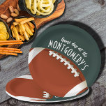 American Football Game Day Dark Green Paper Plate<br><div class="desc">Customizable paper plates in 2 SIZES - 9" and 7" feature an American football on dark green and the words "It's Game Day!" along with your name. MORE colours and matching items in our store.</div>