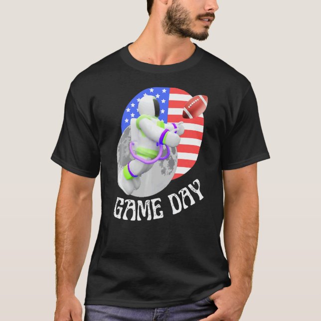 American Football  game Day USA Flag Astronaut Moo T-Shirt (Front)