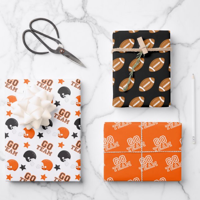 American Football Orange and Black Patterns Wrapping Paper Sheet (Front)
