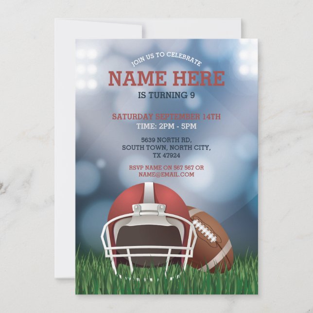 American Football Party Blue Birthday Invitation (Front)