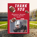 American Football Red Thank you Coach Photo Card<br><div class="desc">American Football Red Thank you Coach Photo Card. Football thank you coach card with photo, thank you text, coach name, team name, year, your name and football balls. Inside the card are more football balls. Photo thank you card - add your photo into the template. Personalize the card with names...</div>