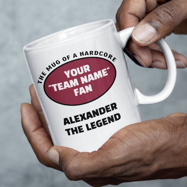 American Football Team Name Fan Red Black Coffee Mug (Personalized American Football Team fan mug in dark red black and white.)