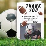 American Football Thank you Coach Photo Card<br><div class="desc">American Football Thank you Coach Photo Card. Football thank you coach card with photo, thank you text, coach name, team name, year, your name and football balls. Inside the card are more football balls. Photo thank you card - add your photo into the template. Personalize the card with names and...</div>