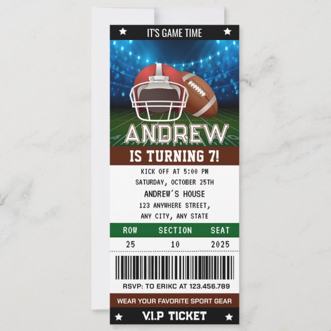 American Football Ticket Birthday Celebration Invitation (Front)
