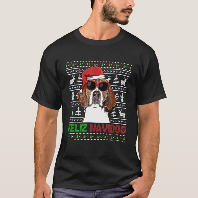 American Foxhound Dog Feliz Navidog Funny Christma T-Shirt (Front)