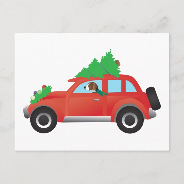 American Foxhound driving a car w/ Christmas tree Holiday Postcard (Front)