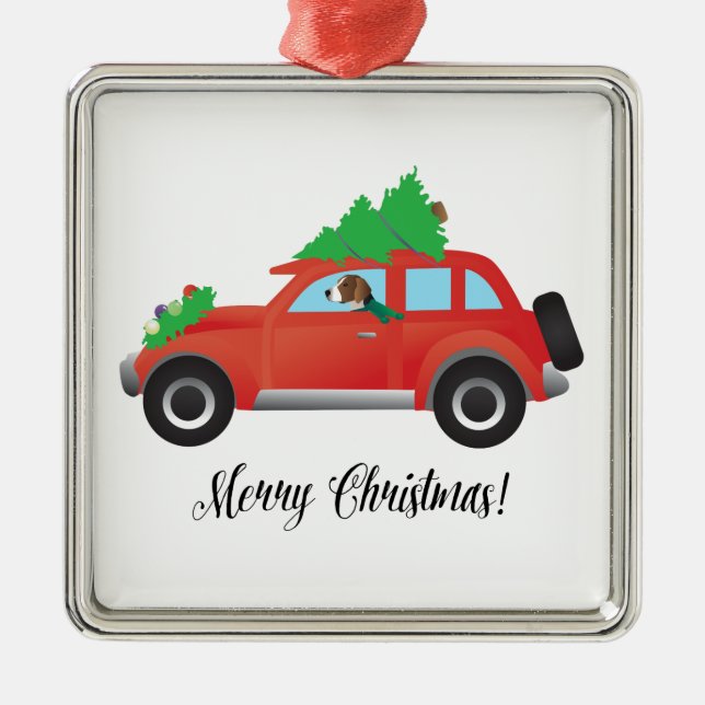 American Foxhound Driving Car with Christmas Tree Metal Ornament (Front)