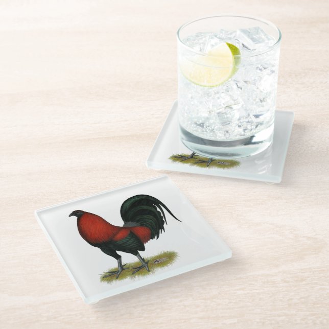 American Game BB Black Red Rooster Glass Coaster (Angled)