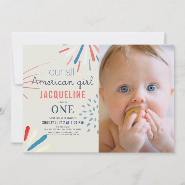 American Girl 4th of July 1st Birthday Photo Invitation (Front)