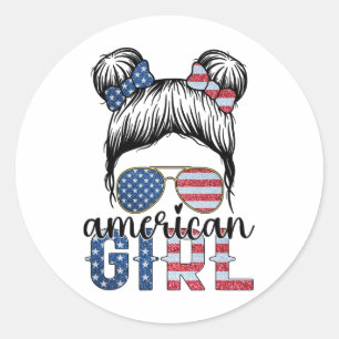 American Girl 4th Of July Messy Bun Usa Flag Ameri Classic Round Sticker