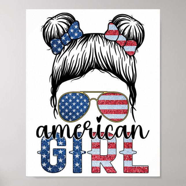 American Girl 4th Of July Messy Bun Usa Flag Ameri Poster (Front)