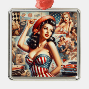 American Girl Pin-Up Collage Metal Ornament