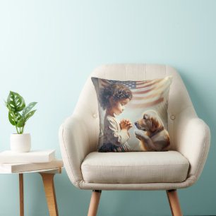 American Girl With Dog Praying Throw Pillow