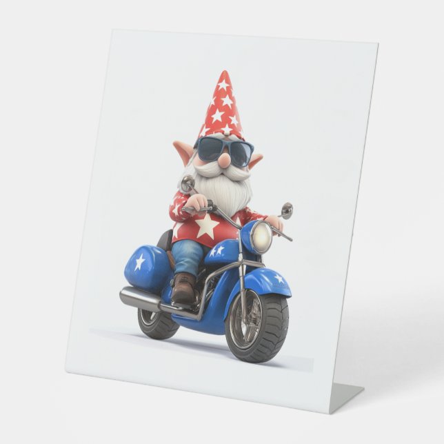 American Gnome Riding Motorcycle Pedestal Sign (Front)