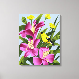 American Goldfinch and Alstroemeria  Flower Art Canvas Print