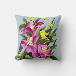 American Goldfinch and Alstroemeria Flowers Throw Pillow