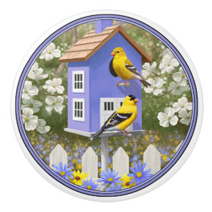 American Goldfinch Bird House Flower Garden Ceramic Knob