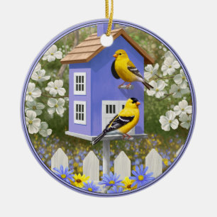 American Goldfinch Bird House Flower Garden Ceramic Ornament
