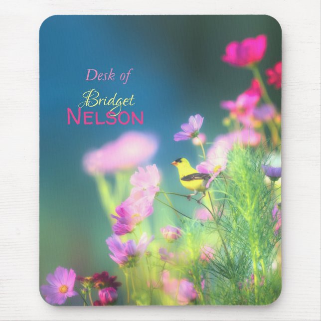 American Goldfinch Bird Pink Cosmos Flowers  Mouse Pad (Front)