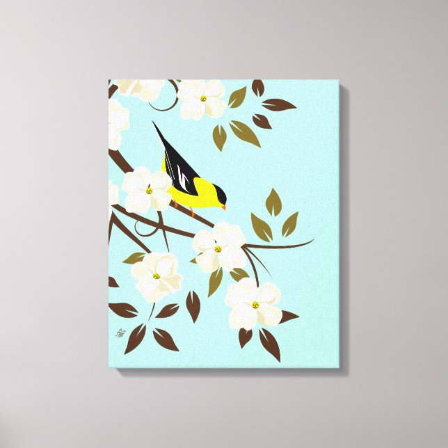 American Goldfinch On Flowering Dogwood Branch Canvas Print (Front)