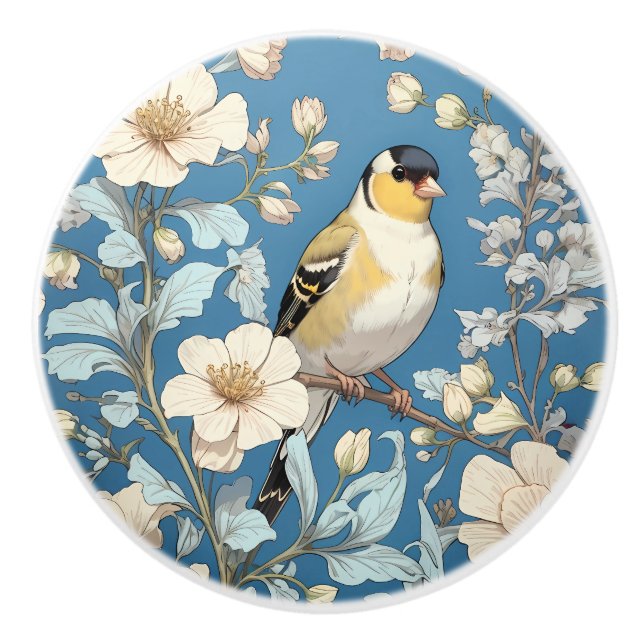American Goldfinch William Morris Inspired Ceramic Knob (Front)