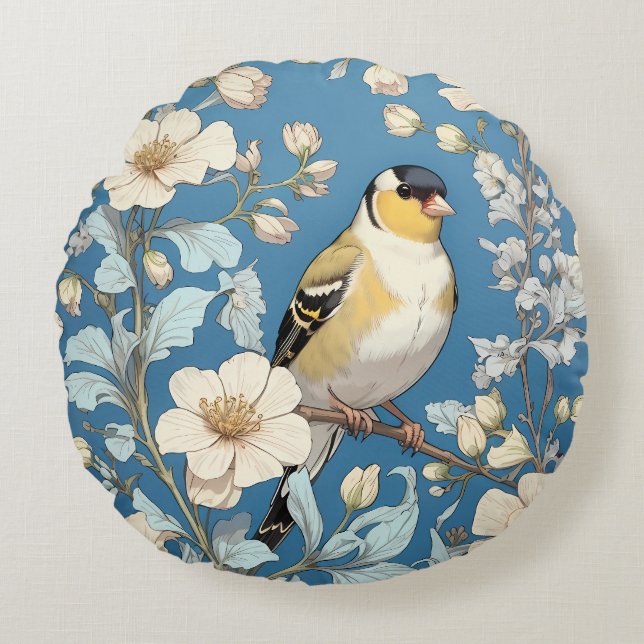 American Goldfinch William Morris Inspired Round Pillow (Front)