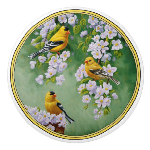 American Goldfinches & Pink Apple Blossoms Ceramic Knob
