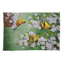 American Goldfinches & Pink Apple Blossoms