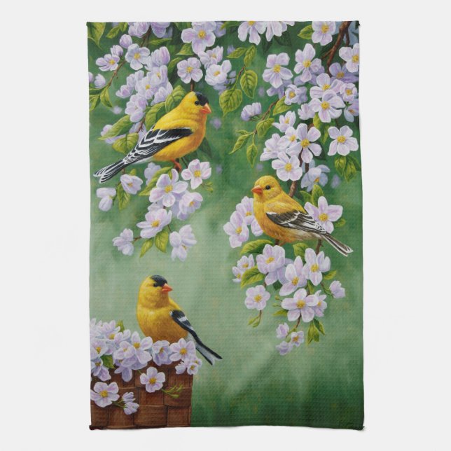 American Goldfinches & Pink Apple Blossoms Kitchen Towel (Vertical)