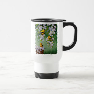 American Goldfinches & Pink Apple Blossoms Travel Mug