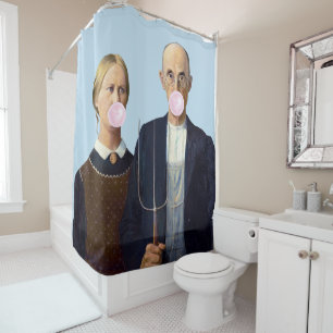 American Gothic blowing pink bubble gum
