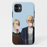 American Gothic blowing pink bubble gum