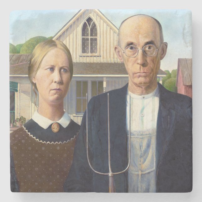 American Gothic Classic Painting Grant Wood Stone Coaster (Front)