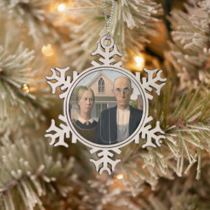 American Gothic: Country Life Poor Rural Farmer Snowflake Pewter Christmas Ornament
