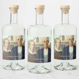 American Gothic Fine Art Oil Painting Add Name Liquor Bottle Label
