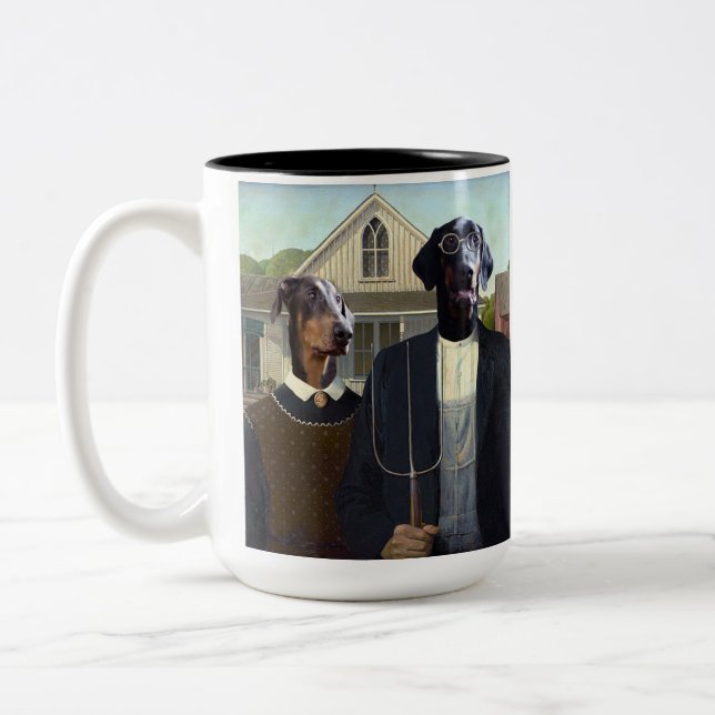 American Gothic funny Doberman dog mug (Left)