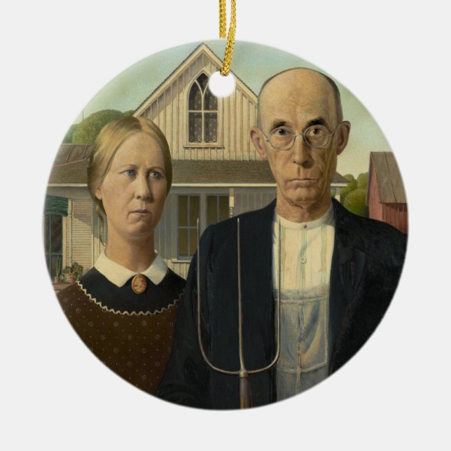 American Gothic Painting Ceramic Ornament (Front)